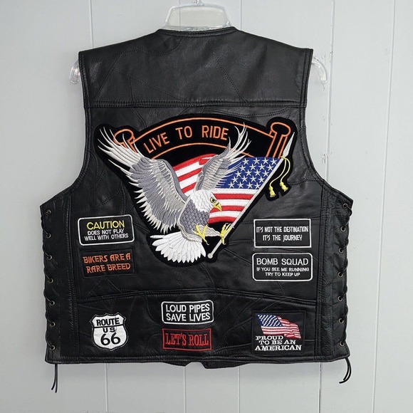 Diamond Plate Buffalo Leather Retro Black Biker Patch Motorcycle Vest Mens Sz L - Picture 11 of 16